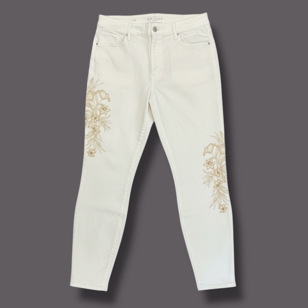 WHBM The Skinny Ankle Embroidered/Embellished White Jeans Cotton-Poly-Spandex